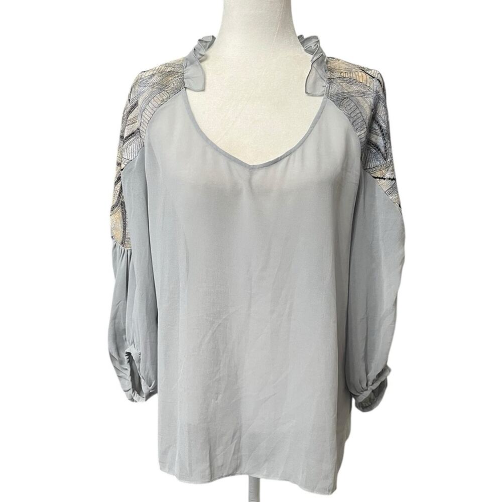 SAINS By Anthropology Boho Gray Sheer Embroidered Sequined Blouse Women’s Size M